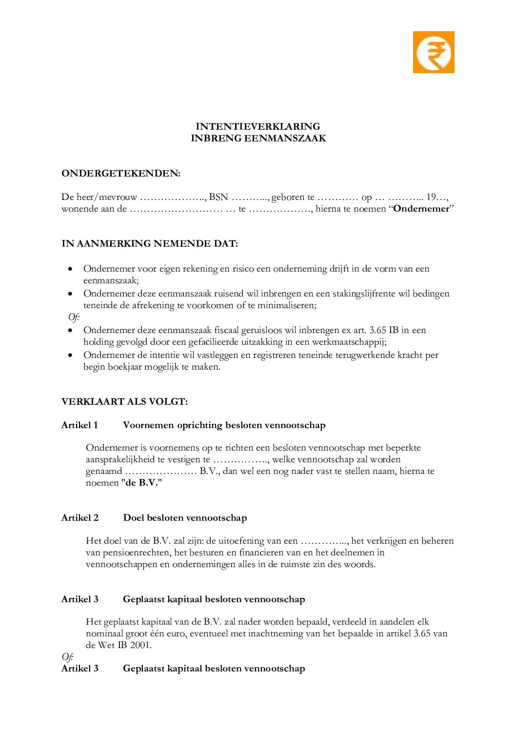 Intentieverklaring geruisloze inbreng holding met doorzakking in werkmaatschappij