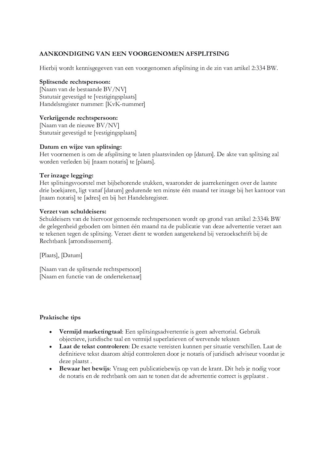AFSPLITSING ADVERTENTIE EN VERKLARING NON VERZET RECHTBANK