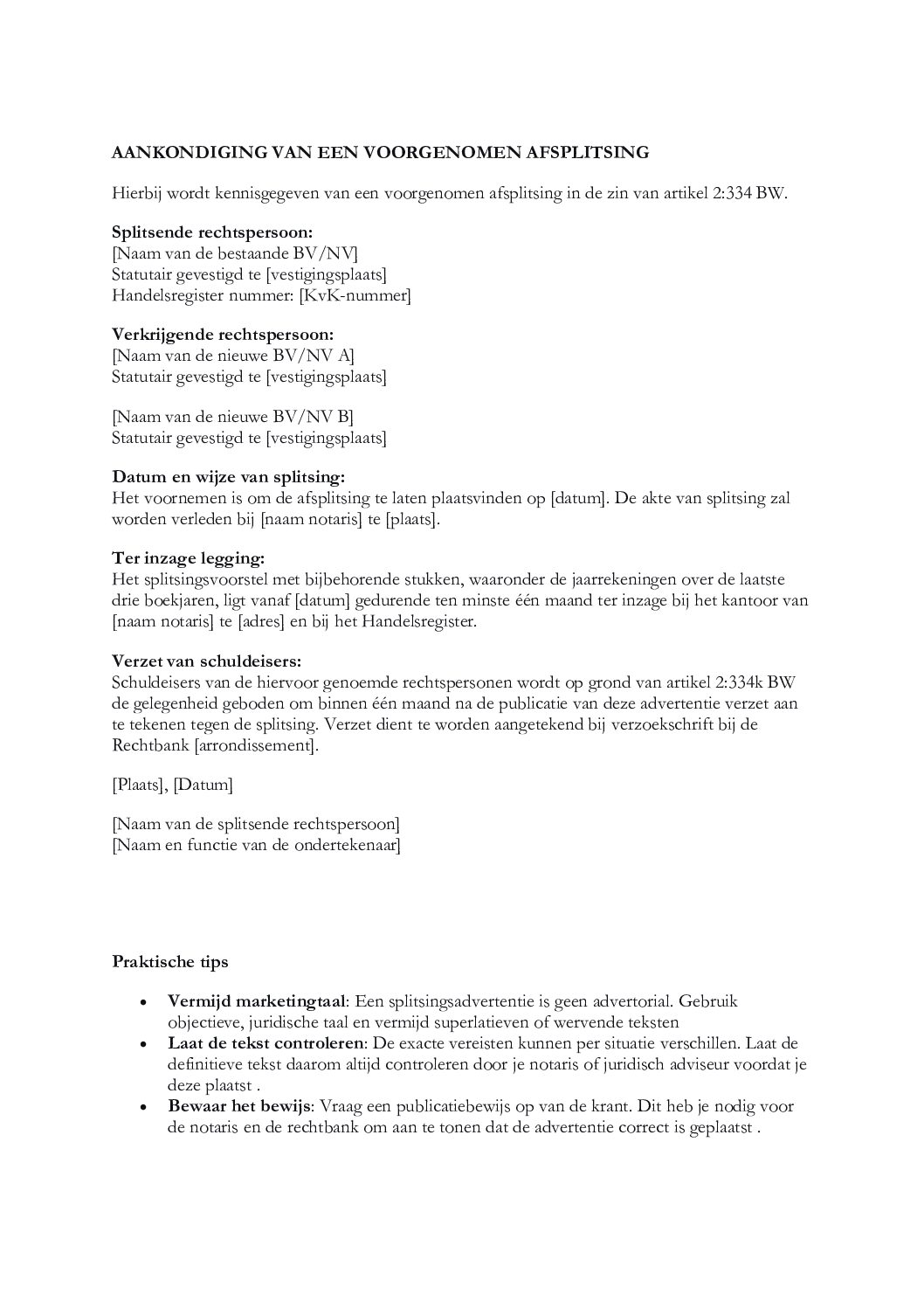 RUZIESPLITSING ADVERTENTIE & VERKLARING NON VERZET RECHTBANK